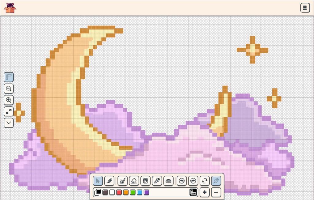 Estúdio Pixel no desktop com arte pixel de lua, nuvens e estrelas no canvas